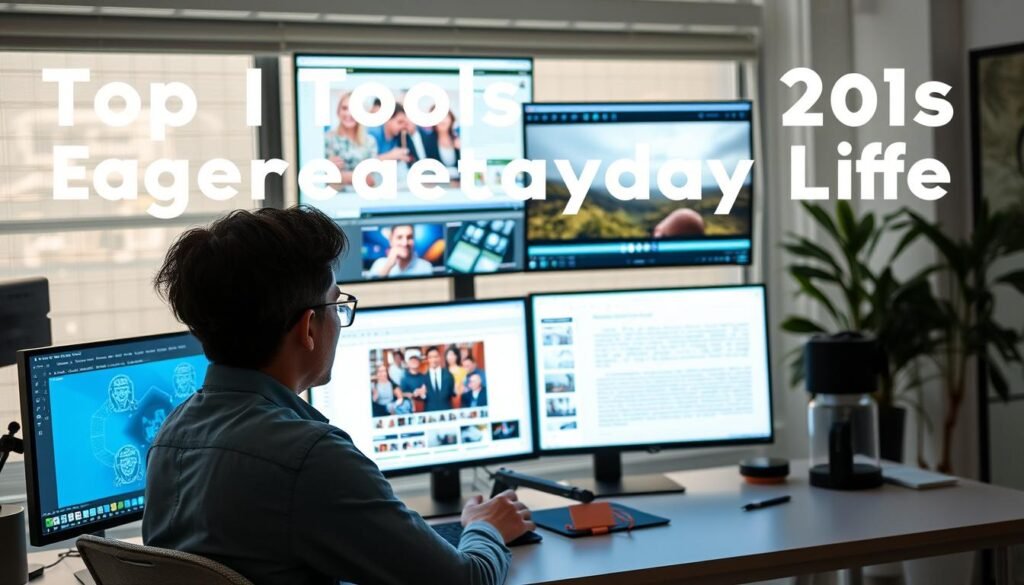 Person creating content with AI tools showing various outputs