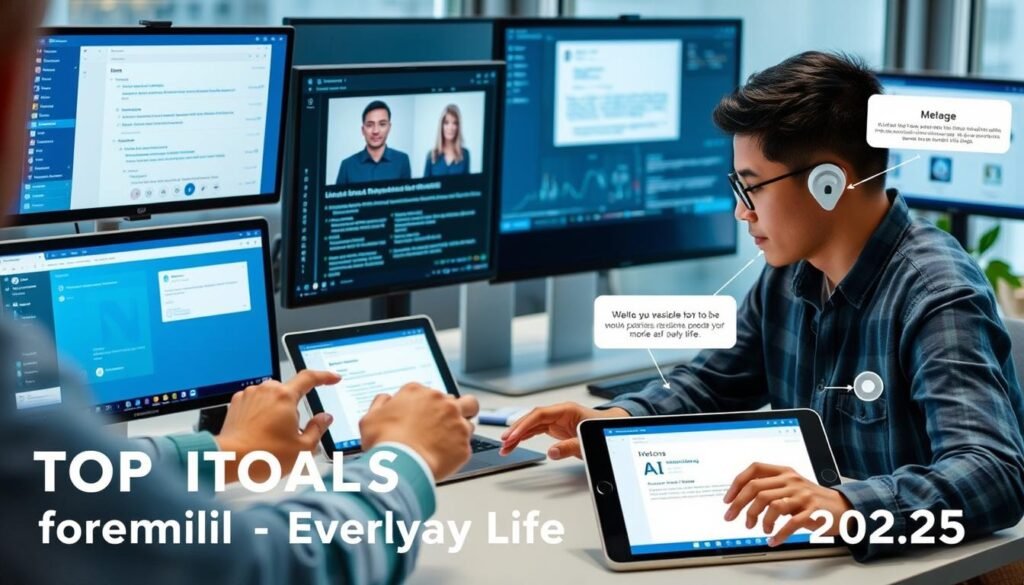 Person using AI communication tools across devices
