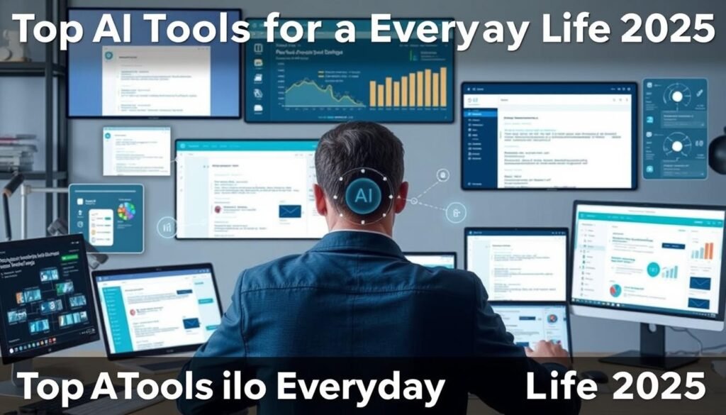 Person using AI productivity tools across multiple devices